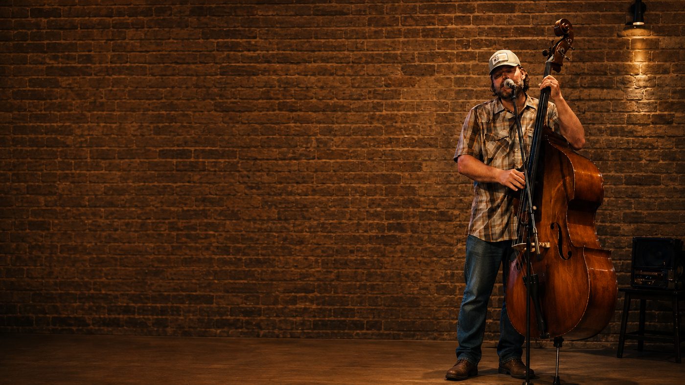 Musician performing with upright bass on a warmly lit stage